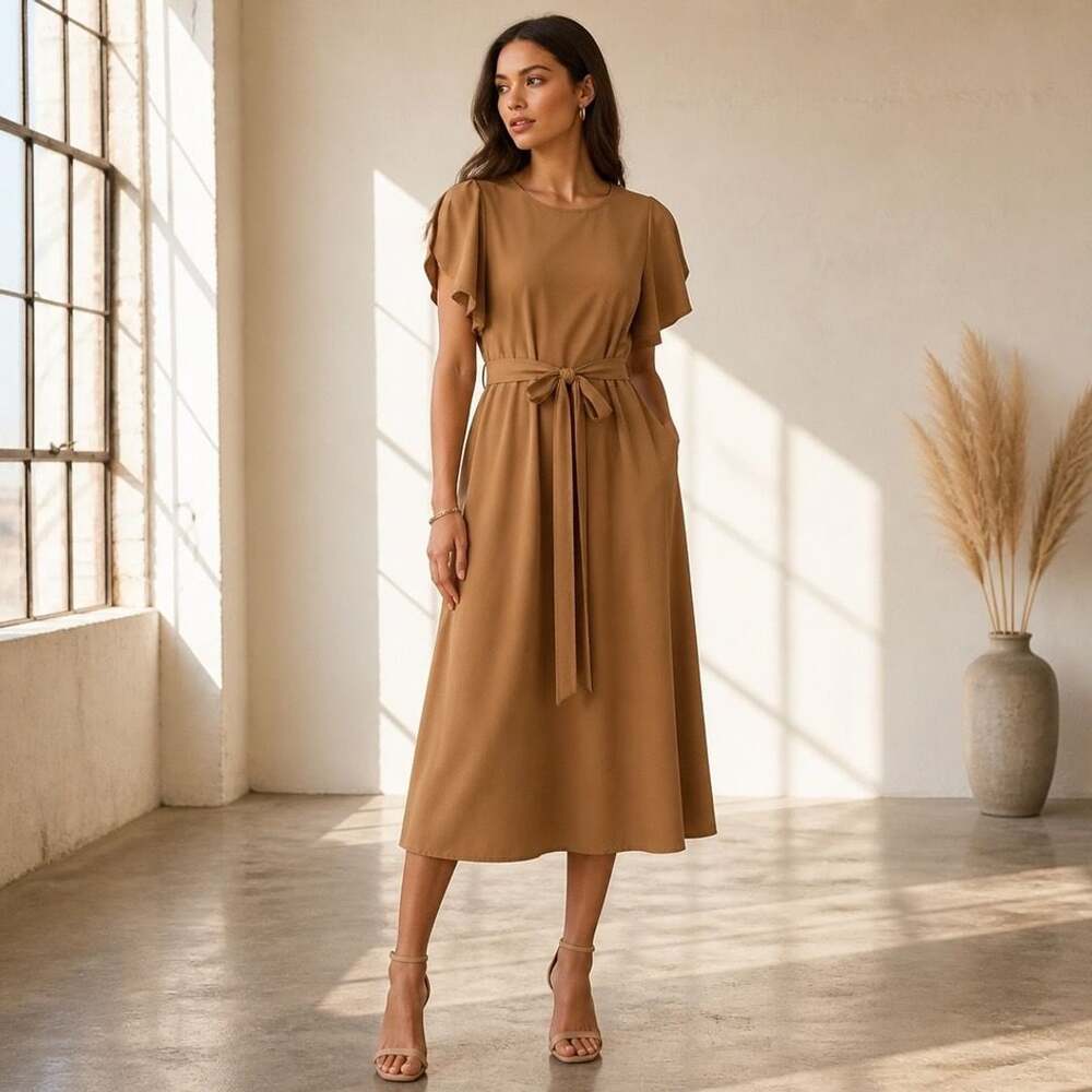 Calvin Klein Women's Split Flutter Sleeve Waist-Tie Midi Dress Brown